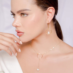 Pearl Circle Long Drop Earrings in 18k gold plated. White Pearl