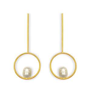 Pearl Circle Long Drop Earrings in 18k gold plated. White Pearl