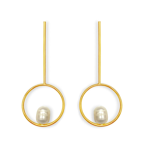 Pearl Circle Long Drop Earrings in 18k gold plated. White Pearl