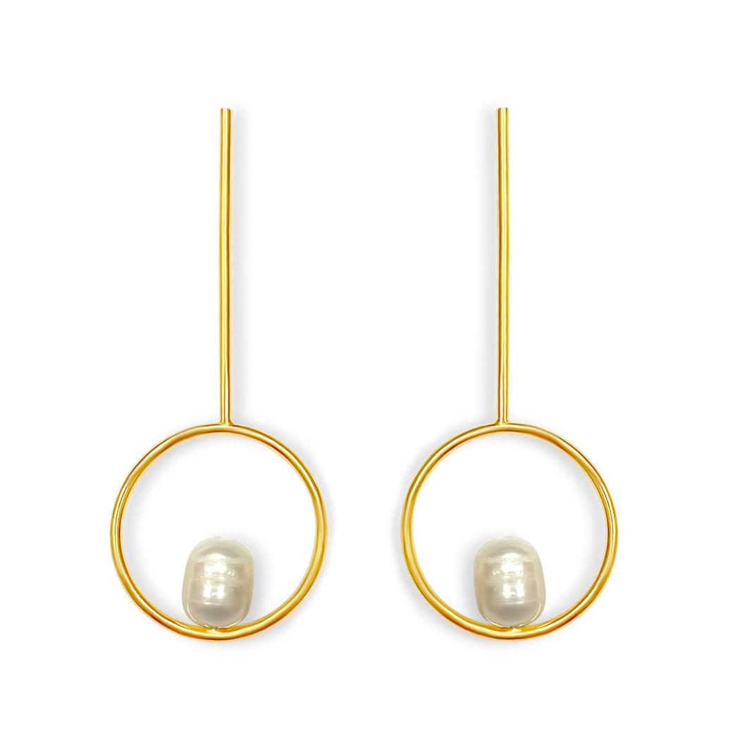 Pearl Circle Long Drop Earrings in 18k gold plated. White Pearl