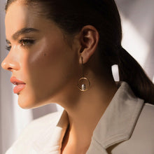 Load image into Gallery viewer, Pearl Circle Long Drop Earrings in 18k gold plated. Gray Pearl
